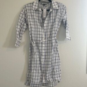 NWT Eden Society Blue White Black Plaid Tie Waist Shirt Dress Button Front Small